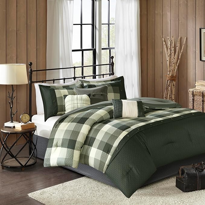 Madison Park Ridge Comforter Set - Cabin Lodge Plaid Herringbone Design, All Season Down Alternative Cozy Bedding with Matching Bedskirt, Shams, Decorative Pillow, Grey Queen(90"x90") 7 Piece
