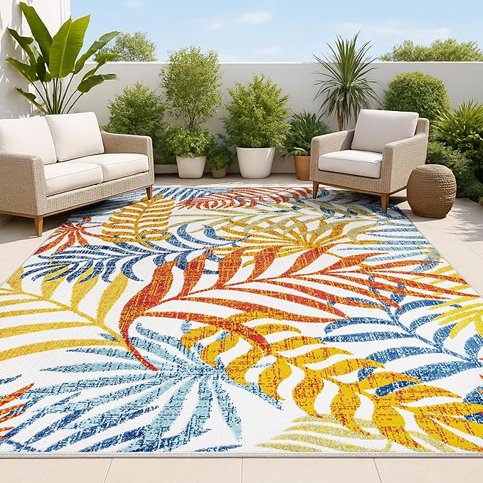 JONATHAN Y Tropics Palm Leaves Indoor Outdoor Area Rug 9X12 Cream/Orange, Boho for Backyard, Patio, Porch, Easy-Cleaning, High Traffic, Pet-Friendly, Non-Shedding (AMC100B-9)