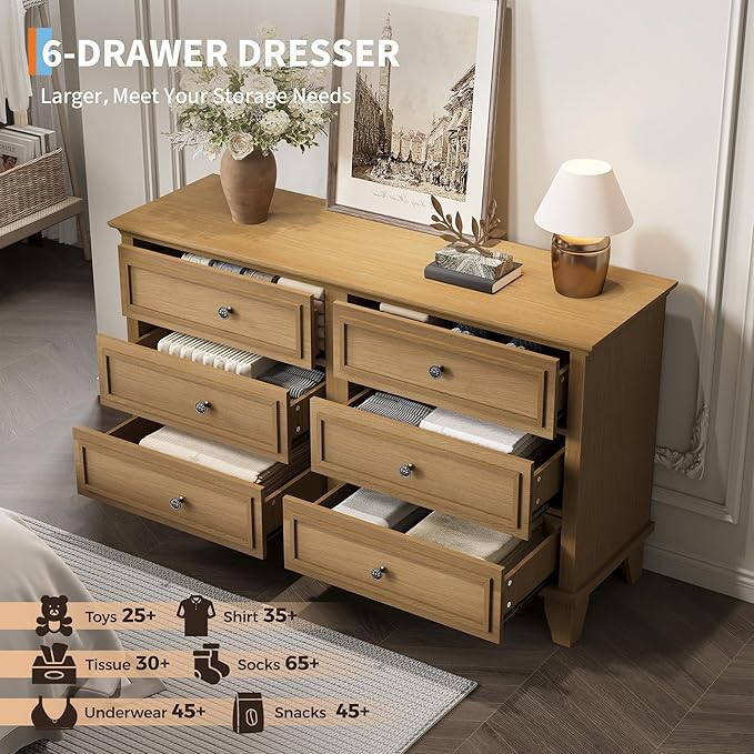 GAOMON Dresser for Bedroom, 6 Drawer Wide Dresser Storage Organizer, Modern Wooden Chest of Drawers with Metal Handles for Hallway, Entryway, Home Office, Brown