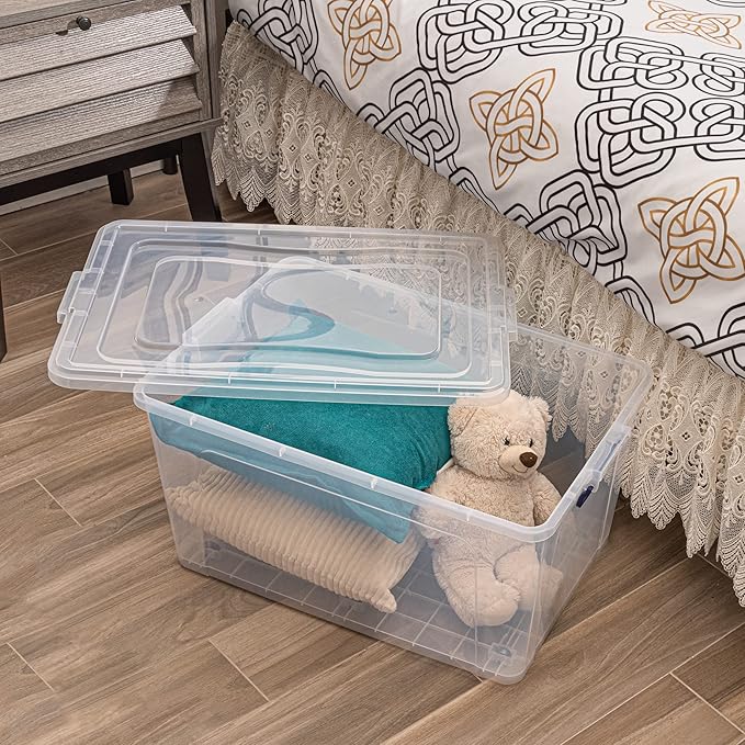 Superio 44 Qt Clear Plastic Storage Bin with Lid and Wheels, Non-Toxic, BPA Free, Odor Free, Organizer Storage Box, Stackable Plastic Tote for Home, Garage, Closet
