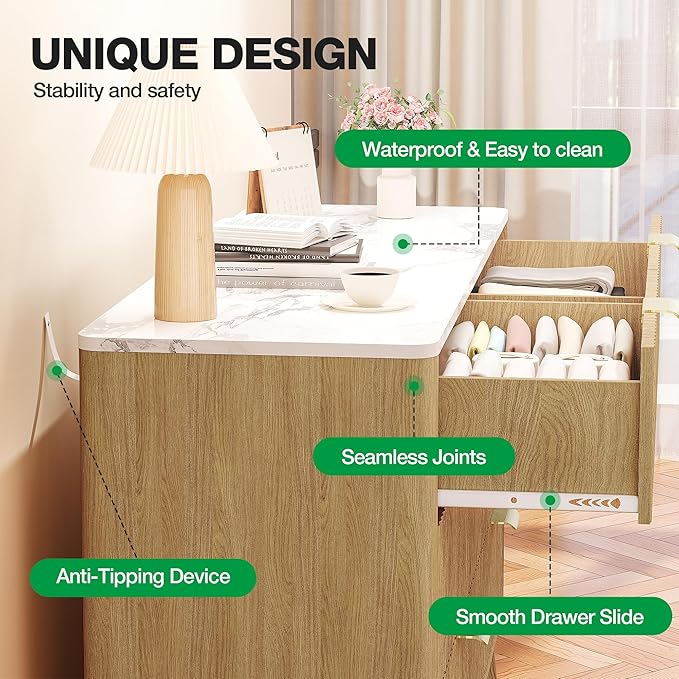 47" Fluted Dresser for Bedroom with Arc-Shaped Corner,6 Drawers,Modern Chest of Drawers with Metal Handle, Wood Closet Clothes Storage Organizer with Curved Edges for Bedroom,Natural
