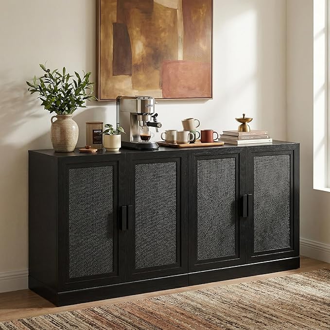 Casaphoria Adam Sideboard Buffet Cabinet with Storage, Sideboard Cabinet with Rattan Doors & Adjustable Shelves, 62" W x 31" H Coffee Bar for Entryway Kitchen Living Room, Black