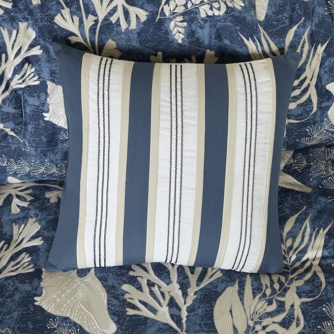 Madison Park 100% Cotton Comforter Set - Coastal Coral, Starfish Design All Season Down Alternative Cozy Bedding with Matching Shams, Decorative Pillow, Queen(90"x90"), Blue, Cape Cod Navy 7pcs