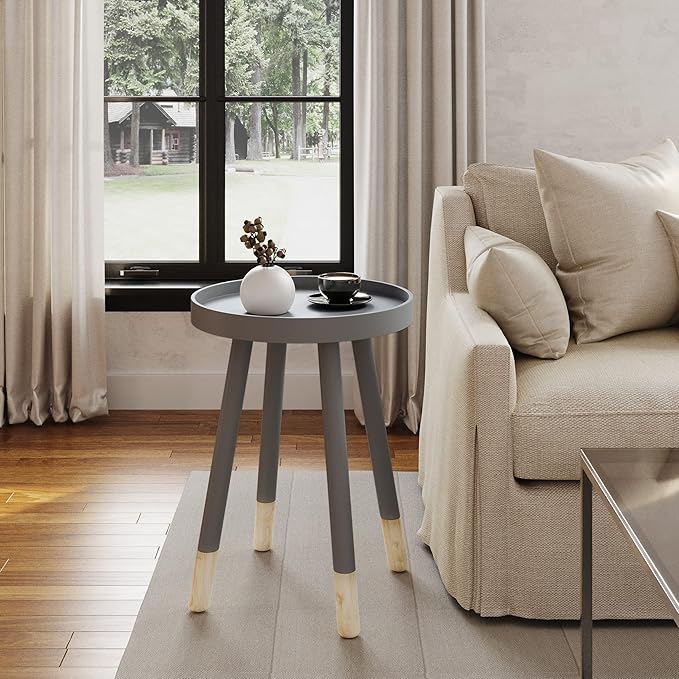 Lavish Home Round End Table - Wooden Mid-Century Modern Side Table with Tray Top and Two-Tone Color - Living Room Furniture (Gray)