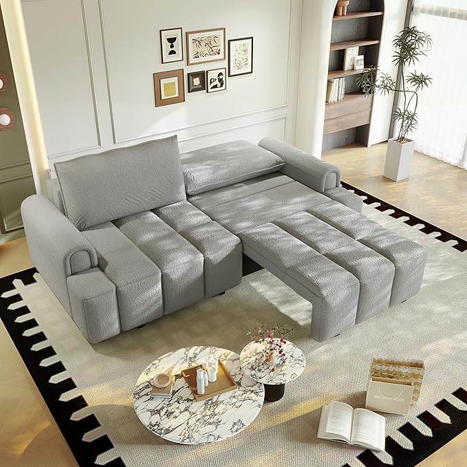 KEIKI 90.2" Space-Saving Convertible Sofa Bed – 3-in-1 Sleeper Couch with Deep Seats Storage, Modern Teddy Fabric Sofa for Apartment, Small Spaces, Studio Living, Multifunctional Sofa Bed with Wheels