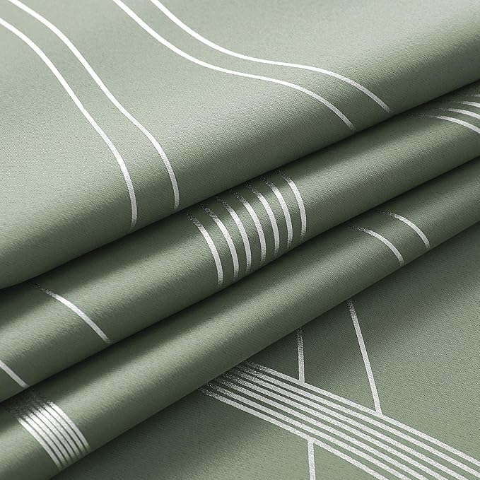 NICETOWN 100% Blackout Greyish Green Blackout Curtain Panels for Bedroom 72 inch Long, Thermal Insulated Wave Line Foil Print Design Drapes for Patio Sliding Glass Door, 52" x 72", 2 Panels