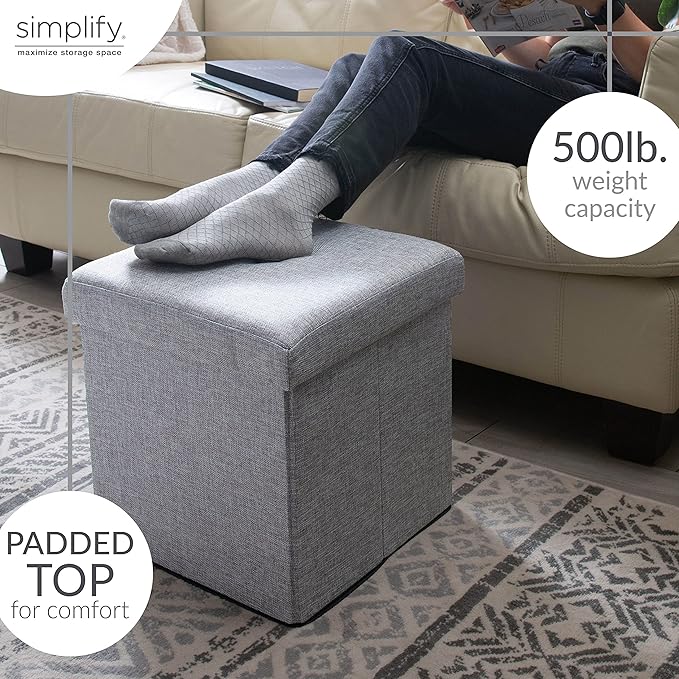 Simplify Faux Linen Folding Storage Ottoman | Single | Collapsible | Tufted Padded Seating | Foot Rest | Toy Box | Bench | Grey