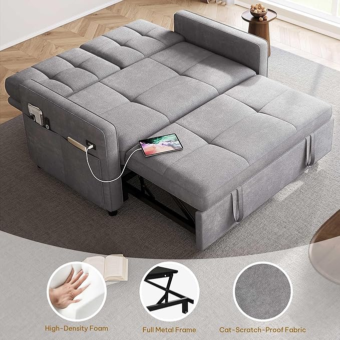 YITAHOME 55" Convertible Sofa Bed, 3-in-1 Sleeper Sofa with Pull-Out Bed, Cat-Scratch-Proof Futon Couch with 5-Levels Reclining Backrest, USB and Side Pocket, Modern Loveseat for Living Room, Grey