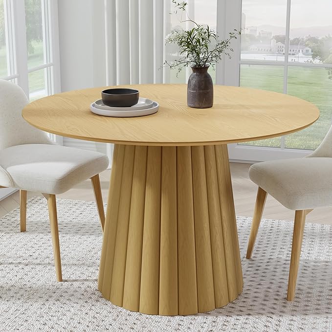 Casaphoria 46" Round Dining Table, Modern Wood Kitchen Table with Cone Shaped Strip Convex Base for Living Room & Dining Room, Easy Assembly Farmhouse Furniture for 4-6, Oak