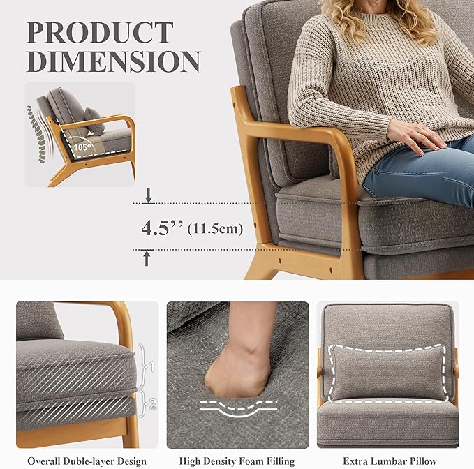 Accent Chair Set of 2 with Solid Wood Frame, Mid-Century Relaxing Armchair Lumbar Pillow& Soft Cushion, Reading Leisure Chair for Living Room, Bedroom, Waiting Room-Grey