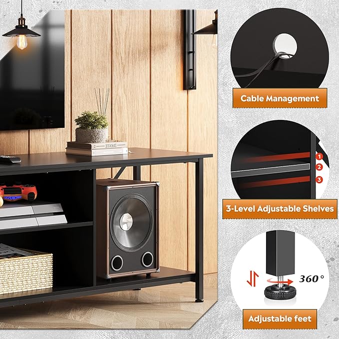 WLIVE Industrial TV Stand for Up to 70 inch TV, Heavy-Duty Metal Frame Entertainment Center with Adjustable Shelves & Cable Management, Large Media Console for Living Room, Black
