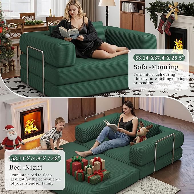 BSHOMGI Folding Sofa Bed Convertible Corduroy Couch Queen Size Floor Sleeper 4-in-1 DIY Combination Modular Lazy Sofas Fold Futon Lounge for Living Room (Green, 53.15" Double Sofa)