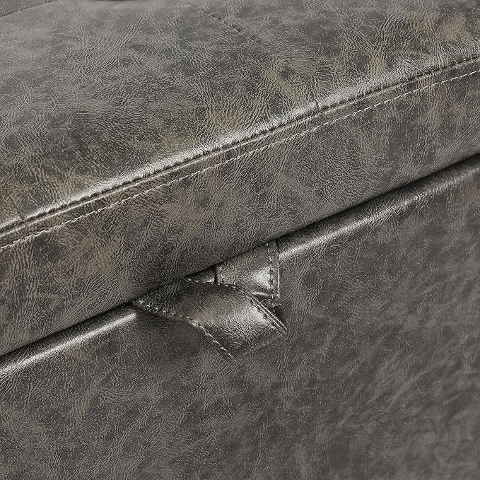 Adeco 15.2" Square Faux Leather Storage Ottoman, Button-Tufted Footrest Stool with Hinged Lid for Living Room & Bedroom Entryway, Upholstered Vanity Seat, Mixed Grey