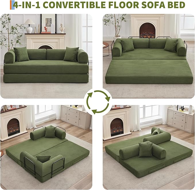 GarveeHome 79" Convertible Sleeper Sofa Bed Couch, 4-in-1 Boneless Corduroy Folding Sofa Bed with Pillow & Fixed-Shape, Floor Mattress Couch Loveseat for Living Room Apartments - No Assembly, Green