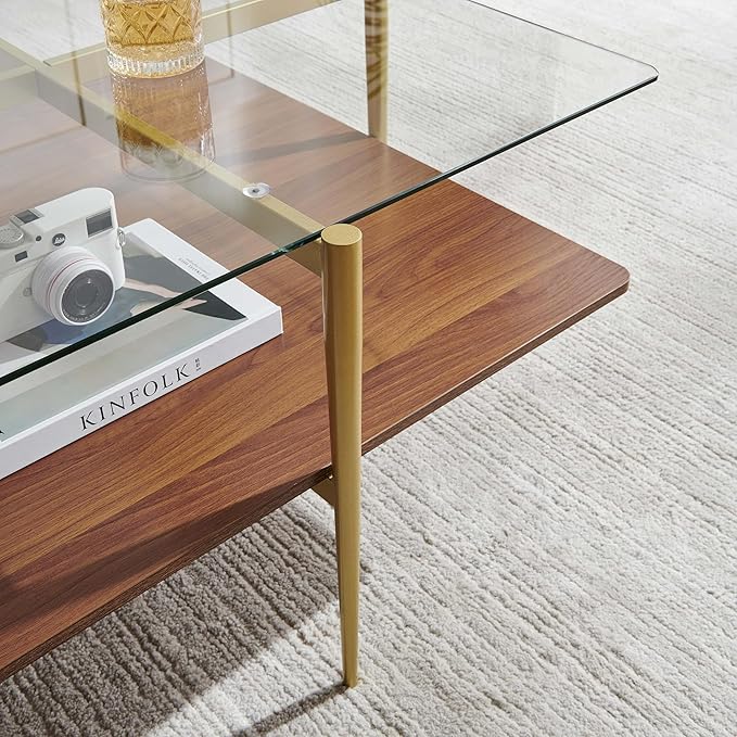 Square Glass Coffee Table, Mid-Century Modern Design, L30 x W30 x H17 inch, for Living Room, Clear Glass Top and Walnut Finish Wood Shelf, Conical Legs with Gold Finish Frame