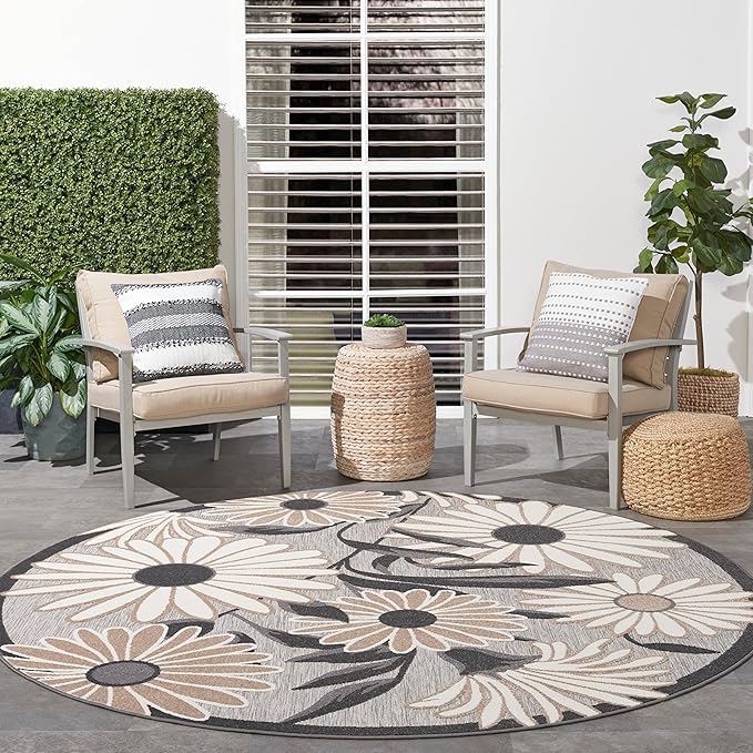 Nourison Home Aloha Beige 5'3" x Round Area Rug - Easy Clean, Non Shedding, Bed Room, Living Room, Dining Room, Kitchen (5' x Round)