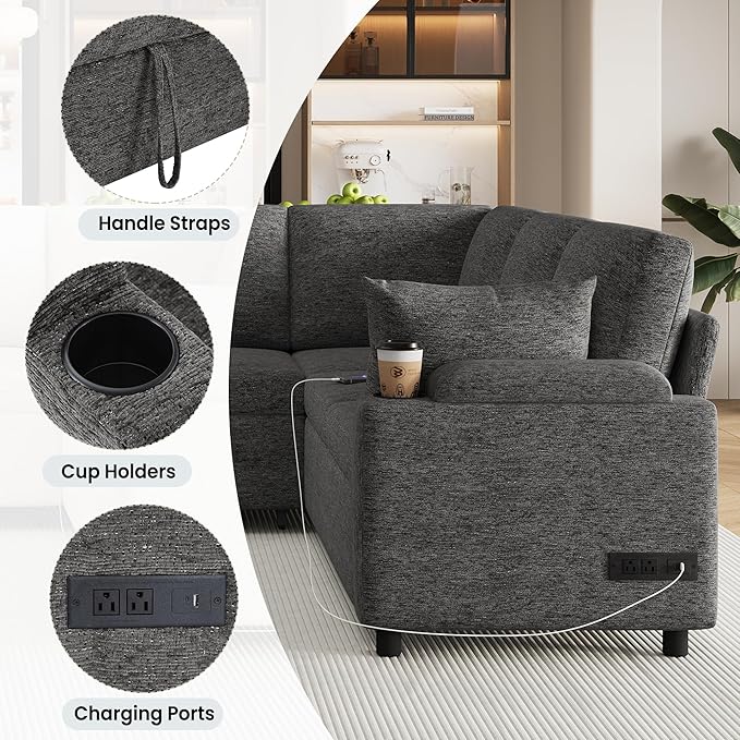 ERYE U Shaped Pull Out Sleeper Sectional Sofa Bed Modern Corner Convertible Sleeper Couch with Left Facing Storage Chaise, Cupholders, Charging Ports and Armrests Storage