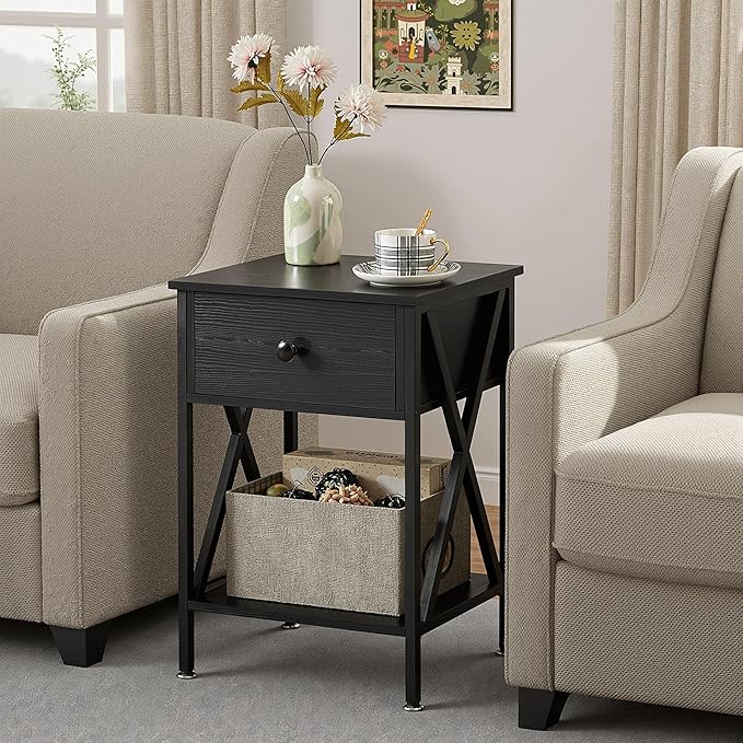 VECELO Night Stand Set of 2, End Tables with Drawer, 2-Tier Bedside Tables with X Shaped, Side Table Stand with Storage Shelf for Living Room/Bedroom,Black