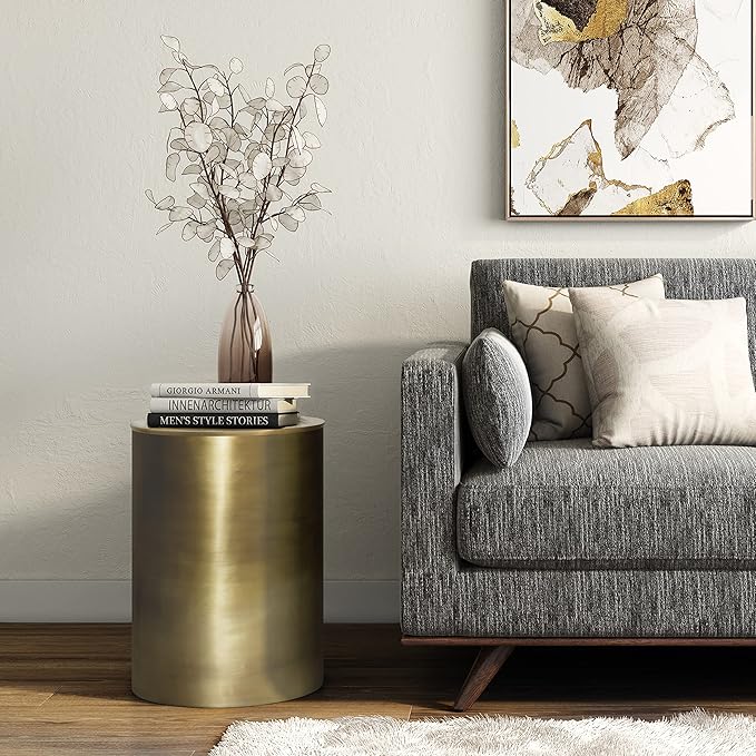 SIMPLIHOME Corbin Side Table – 16 inch Wide Smooth Metal Round Accent Table in Antique Gold, Industrial Style End Table for Living Room, Bedroom, or Office with Sturdy Base, Assembled
