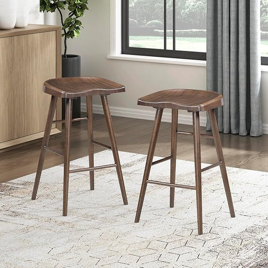 Lexicon Bar Height Stools Set of 2, Sturdy Acacia Wood Frame Saddle Seat Bar Chairs, Rustic Backless Kitchen Island Seating for Dining Room, Breakfast Nook, Brown