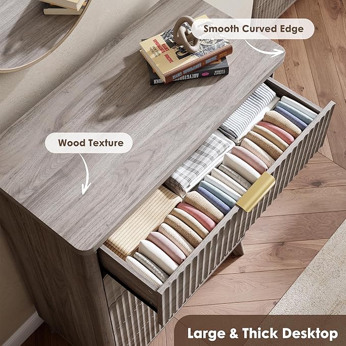Garvee 5 Drawers Dresser for Bedroom, 47.2" Tall Dressers with Curved Profile Design, Fluted Wood Drawers with Gold Handle, Modern Chest of Dressers with Thickened Design for Living Room, Grey