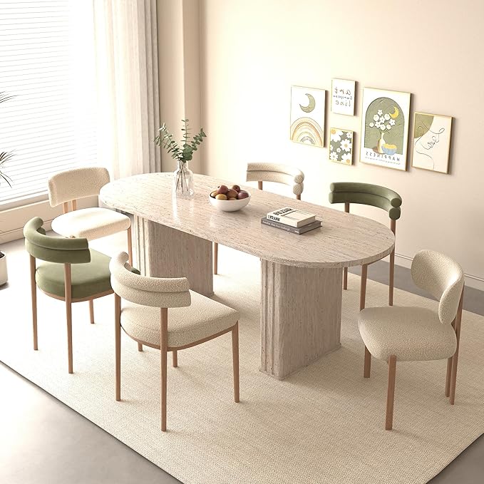 KEIKI 63"-78.7" Extendable Oval Kitchen Dining Table for 4-8 People, Modern Farmhouse Wood Strip Base with Veined Travertine Pattern, Large Dining Room Table for Living Room, Beige