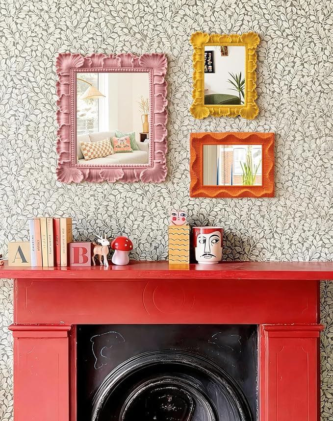 Cute Makeup Mirror Decor for Girl Bedroom Nursery Dorm Playroom, 9.8x7.7 Resin Framed Wall Mirror for Bathroom Hallway Living Room, Gift for Mother's Day Valentine's Day Wedding (Soft Pink)