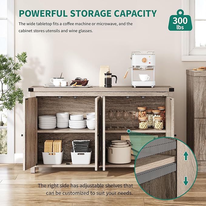 YITAHOME 55'' Sideboard Buffet Cabinet with Storage, Farmhouse Kitchen Storage Cabinet w/4 Doors ＆Adjustable Shelf for Kitchen, Living Room, Grey-Brown