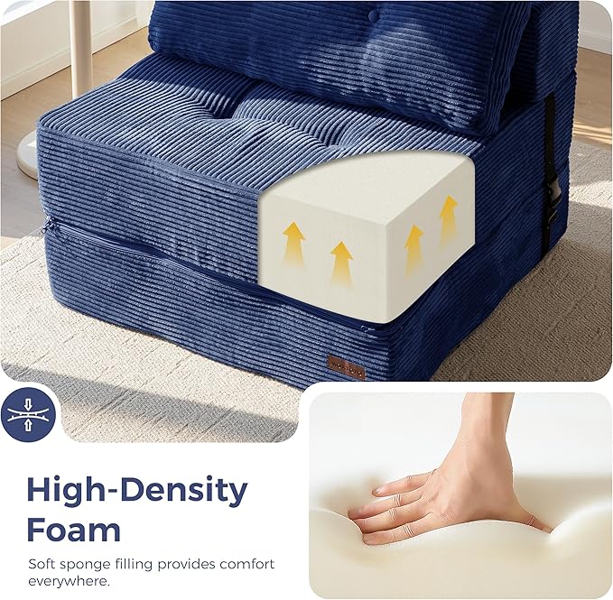 MAXYOYO Folding Sofa Bed, Convertible Chair Bed with High-Density Support Foam, Portable 4 in 1 Fold Out Seating to Floor Lounger, Versatile Floor Sofa Couch for Living Room Bedroom, Navy