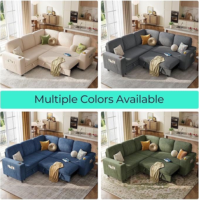 LINSY HOME Sectional Sleeper Sofa with Storage Chaise & USB Charging, Convertible Pull Out Couch Bed Plush Corduroy Modular Sectional Couches for Living Room Apartment (Green)