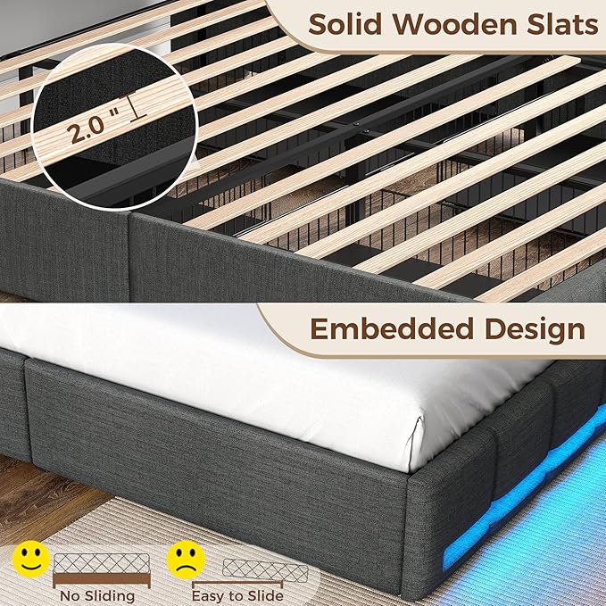 Rolanstar Full Size Bed Frame with LED Lights and Charging Station, Upholstered Bed Storage Headboard & Drawers, Heavy Duty Wood Slats, Easy Assembly