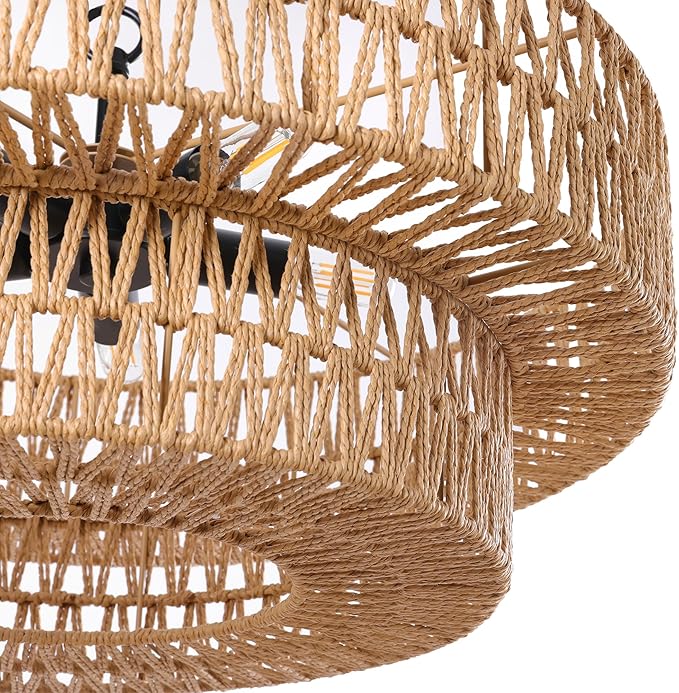 LamQee 22 Inch Farmhouse Rattan Chandeliers, 5 Lights Boho Chandelier Light Fixture with Hand Woven Wicker Shade, Large Rattan Pendant Lights Ceiling Hanging Lighting for Dining Room Kitchen Island