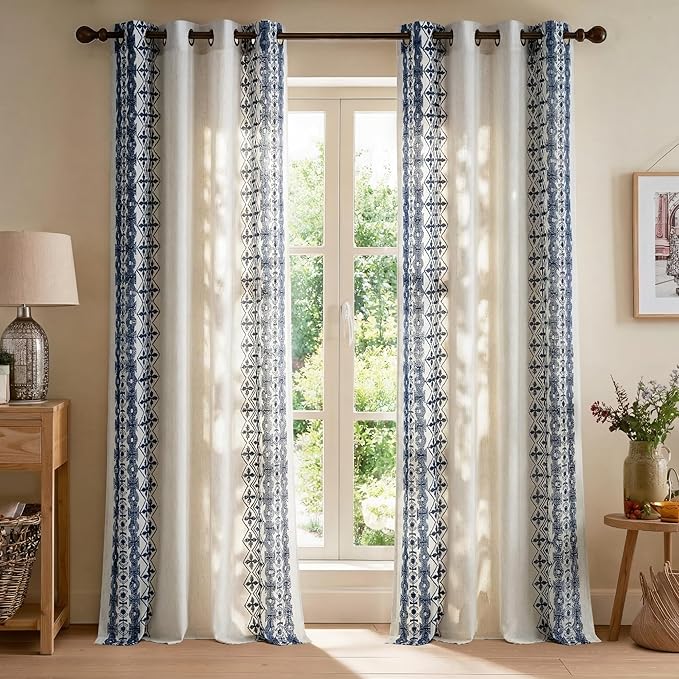 NICETOWN Boho Curtains with Navy Blue Trim 84" Long 2 Panels, Embroidered Cream Linen Textured Geometric Drapes with Antique Bronze Grommets, Light Filtering Window Treatment for Living Room & Nursery
