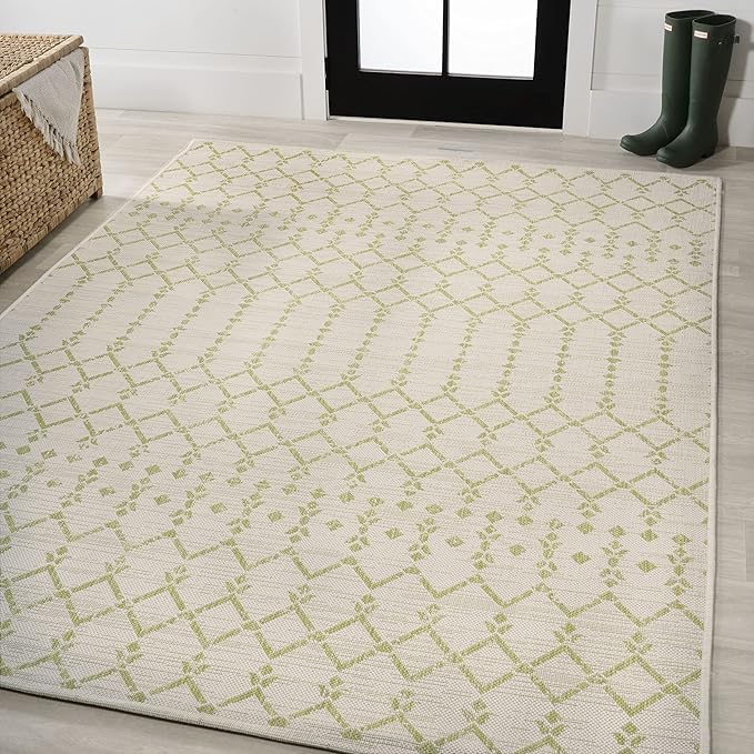 JONATHAN Y Moroccan Geometric Indoor Outdoor Area Rug 8X10 Cream/Green, Ourika Textured Weave for Backyard, Patio, Porch, Easy-Cleaning, High Traffic, Pet-Friendly, Non-Shedding (SMB108M-8)