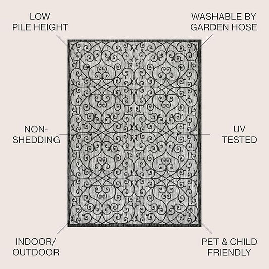 JONATHAN Y Vintage Filigree Indoor Outdoor Round Area Rug 8 Ft Light Gray/Black, Madrid Textured Weave for Backyard, Patio, Porch, Easy-Cleaning, High Traffic, Pet-Friendly, Non-Shedding SMB107E-8R