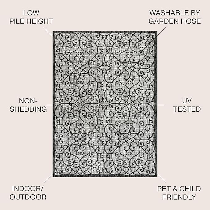 JONATHAN Y Vintage Filigree Indoor Outdoor Square Area Rug 9X9 Light Gray/Black, Madrid Textured Weave for Backyard, Patio, Porch, Easy-Cleaning, High Traffic, Pet-Friendly, Non-Shedding SMB107E-9SQ