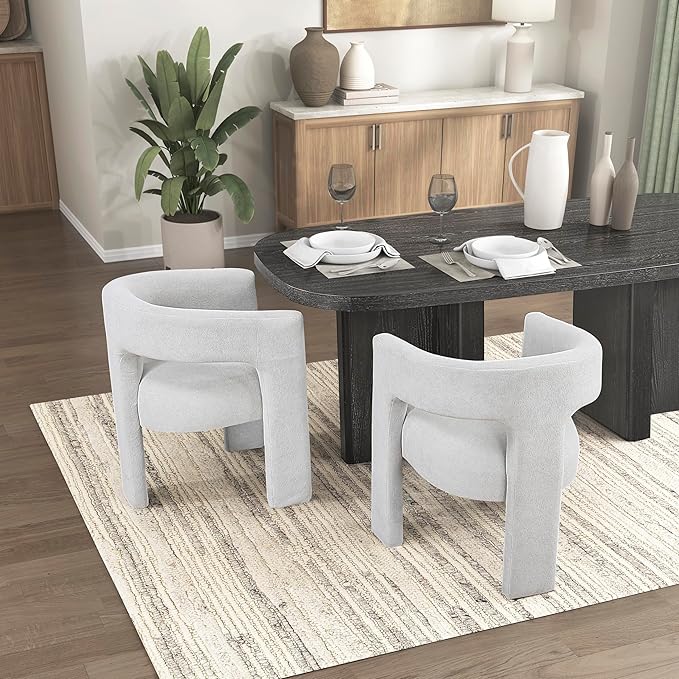 Lexicon Modern Boucle Upholstered Dining Chairs Set of 2, Curved Backrest Accent Chair with Plywood Frame and Plush Seat, for Dining Room, Home Office, No Assembly Required, Light Grey
