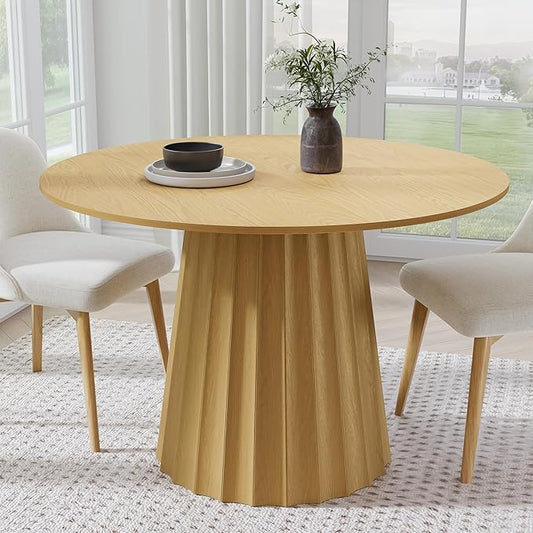 Casaphoria 46" Round Dining Table, Modern Wood Kitchen Table with Cone Shaped Strip Concave Base for Living Room & Dining Room, Easy Assembly Farmhouse Furniture for 4-6, Oak-A