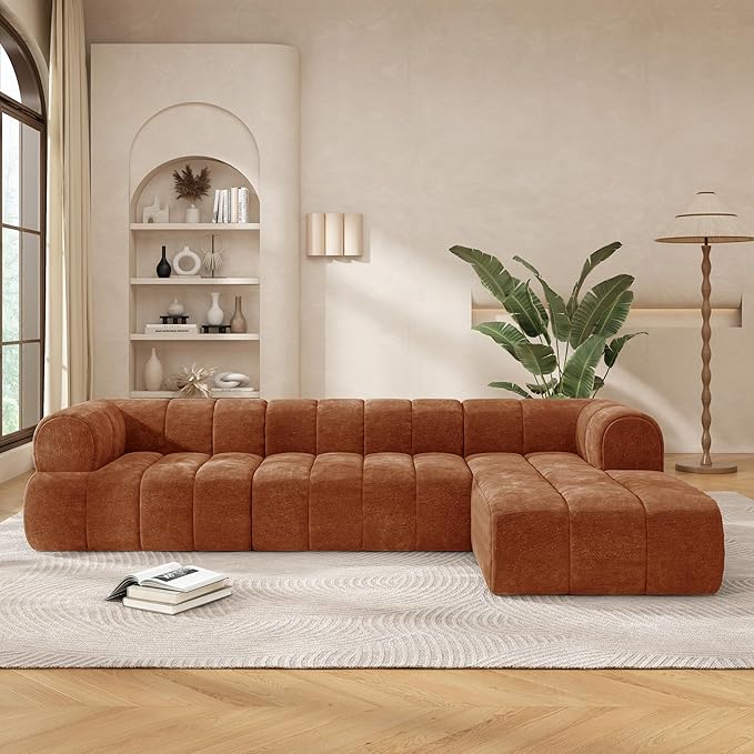Christopher Knight Home Mania 122" Modular L-Shape Sofa Couch with Chaise Lounge, Modern Sectional Sofa Set for Living Room, Boucle Fabric Upholstered Cloud Couch with Deep Seat, Orange