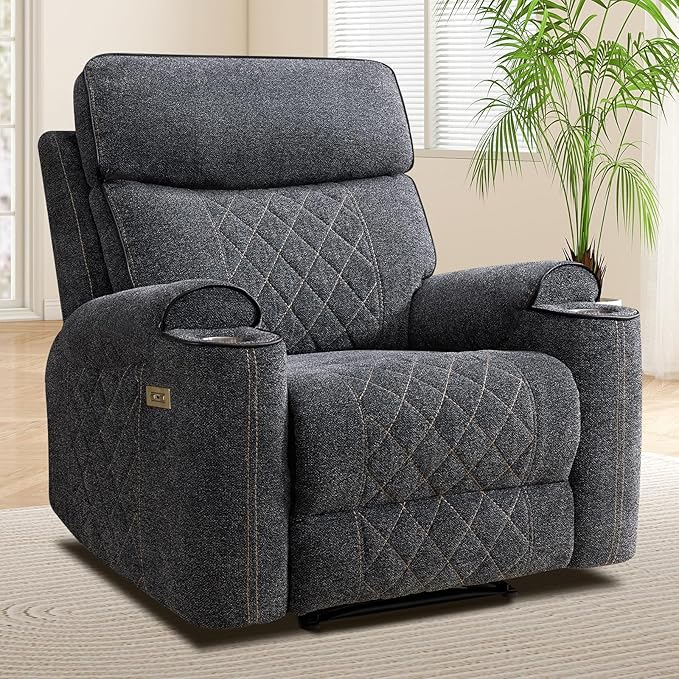 EBELLO Power Recliner Chair, Electric Fabric Reclining Sofa with Cup Holders, USB Charging Ports, for Living Room, Bedroom and Meeting Room, Grey