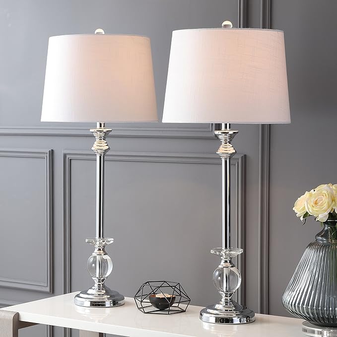 JONATHAN Y 33" Crystal and Chrome LED Table Lamp Set of 2, Contemporary Clear Metal Lamps for Living Room Bedroom, White Linen Drum Shade, LED Bulbs Included, UL Listed JYL2056A-SET2