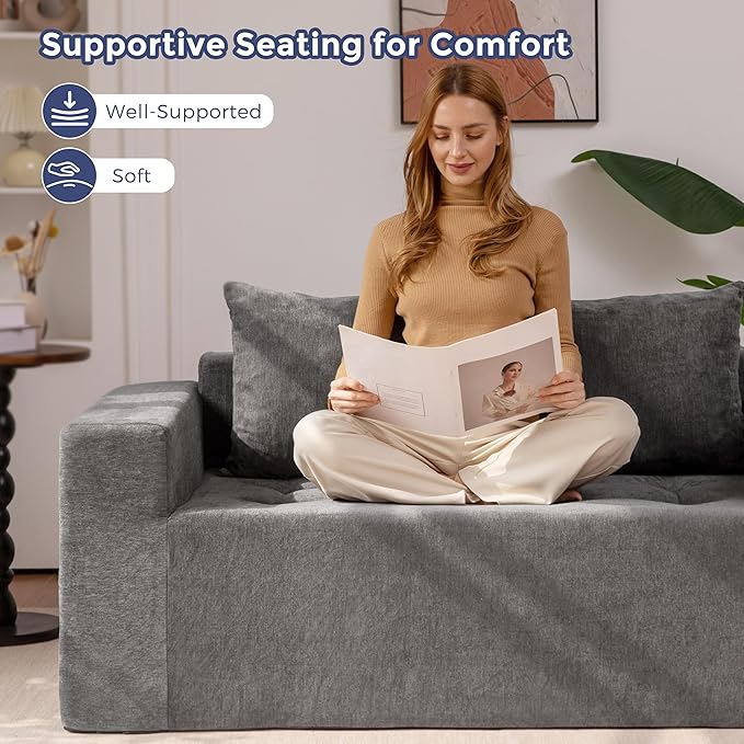 MAXYOYO Modular Sofa Couch, 61" Loveseat Boneless Cloud Couch with Deep Seat, Chenille Upholstered Living Room Sleeper Sofa Chair for Living Room, No Assembly Required, Light Grey