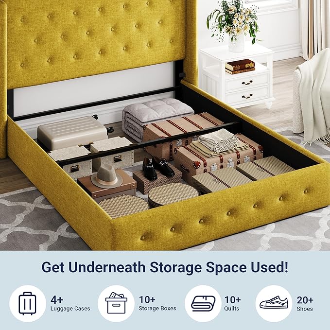 Allewie Queen Size Lift Up Storage Bed, Button Tufted Headboard with Wingback, Hydraulic Support, No Box Spring Needed, Olive Yellow