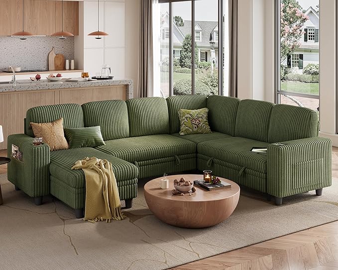 LINSY HOME Sectional Sleeper Sofa Pull Out Couches for Living Room (Green, Sleeper Sofa 4) | Pull Out Sofa Bed, Storage, USB Charging, Cup Holders, Plush Corduroy | Pull Out Sofa Bed, Storage, USB Charging, Cup Holders, Plush Corduroy, Convertible Sofa...