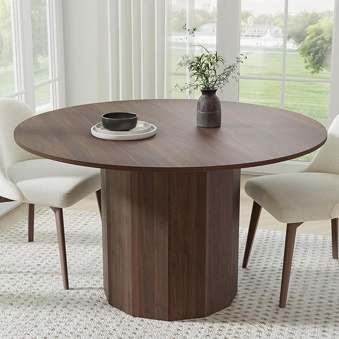 Casaphoria 52" Round Dining Table, Modern Wood Kitchen Table with Cylinder Polygonal Base for Living Room & Dining Room, Easy Assembly Farmhouse Furniture for 4-6, Walnut