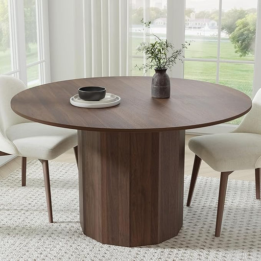 Casaphoria 52" Round Dining Table, Modern Wood Kitchen Table with Cylinder Polygonal Base for Living Room & Dining Room, Easy Assembly Farmhouse Furniture for 4-6, Walnut