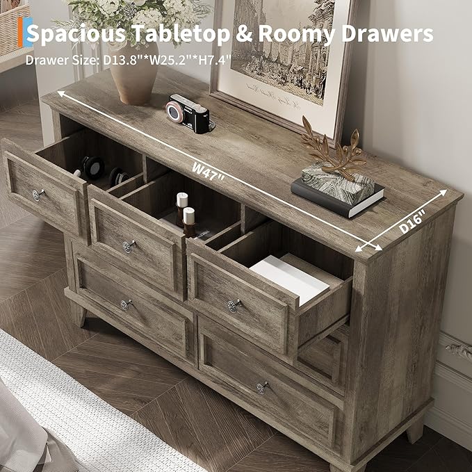 GAOMON Grey Dresser, 7 Drawer Dresser for Bedroom, 47" W Chest of Drawers with Deep Drawers, Closet Dressers with Metal Handle, Thickened Desktop, Wood Rustic Drawers for Hallway, Entryway, Closet
