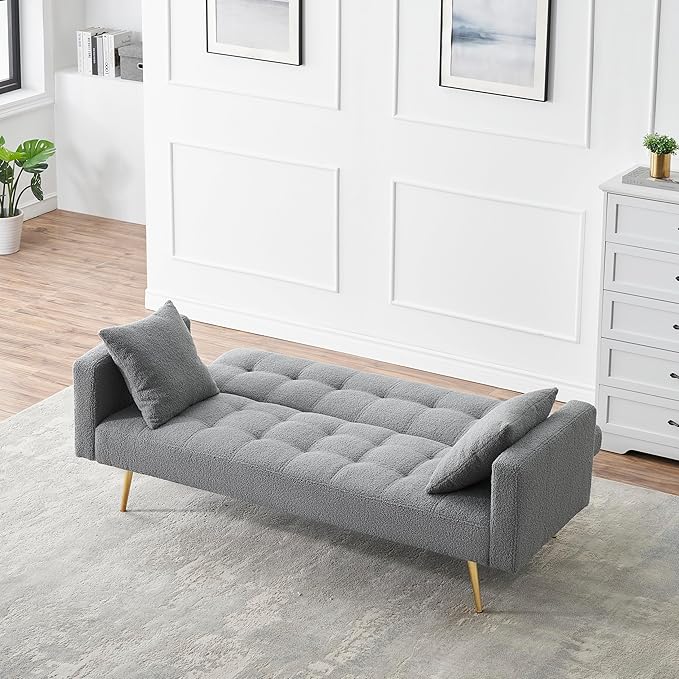Eafurn Tufted Futon Sofa Bed, Teddy Futon Loveseat Couch Adjustable Recliner Sleeper Sofa Bed with Golden Metal Legs and 2 Pillows for Living Room, Apartment, Office,Small Love Seat | Golden Legs, Wood Frame