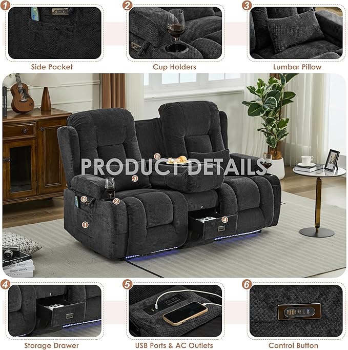 TUNYI Wall Hugger Loveseat Recliner Sofa with Console, Power Reclining Loveseat RV Couch with Massage & Heat/USB/Outlet/Storage/LED Light/Speaker (Dark Grey)