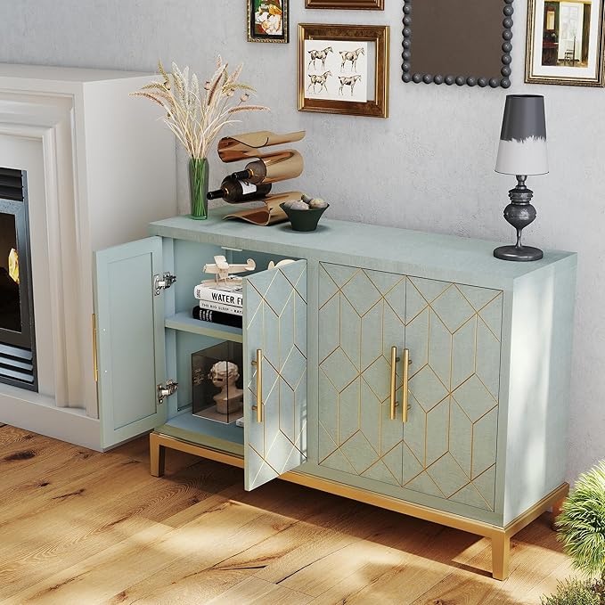 47.8" Accent Storage Cabinet with 4 Doors, Modern Sideboard Buffet Cabinet with Gold Lines, Wood Decorative Credenza with Storage for Living Room, Kitchen, Dining Room, Entryway, Green